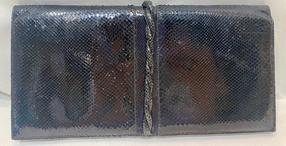 Nancy's BLACK Snake Skin Flap Clutch inner zip pocket Vintage